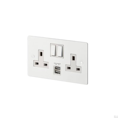 Enchufe doble con USB tipo G (Reino Unido) 2G, acero blanco, estándar británico.