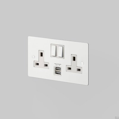 Enchufe doble con USB tipo G (Reino Unido) 2G, acero blanco, estándar británico.