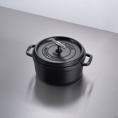 Olla de acero negro Cocotte Staub de 3,7 L con mango moleteado plateado