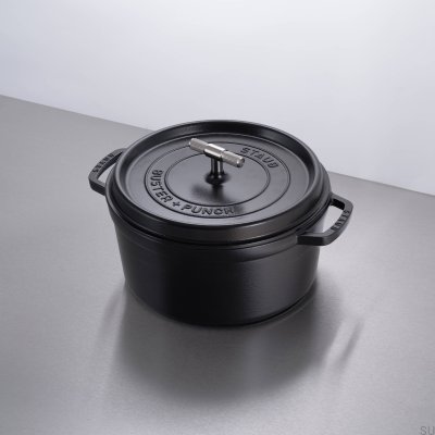 Olla de acero negra Cocotte Staub de 6,7 L con mango moleteado plateado