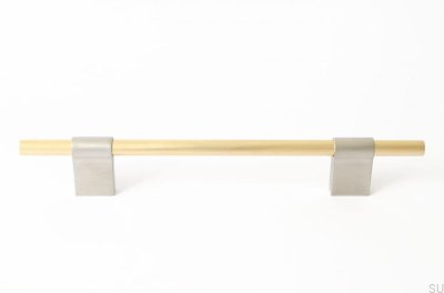 Tirador para mueble rectangular Line Mix 128. Latón, cepillado sin pintar, con acero cepillado