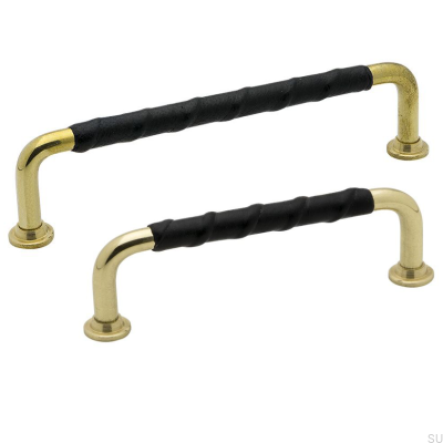 Tirador para mueble alargado 1353 128 Oro Latón Pulido Negro cuero natural