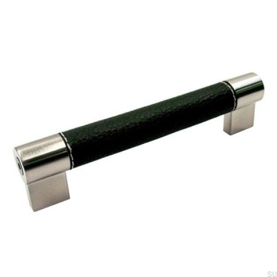 Tirador para mueble alargado 1700128 Níquel cepillado con cuero negro