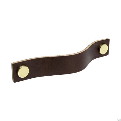 Tirador para mueble alargado Loop 128, cuero marrón con latón