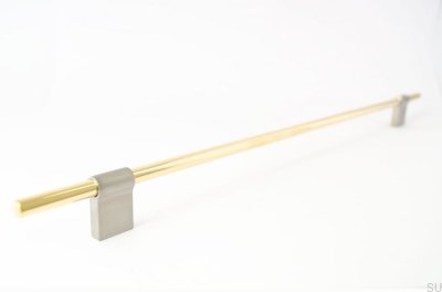 Tirador para mueble rectangular Line Mix 342. Latón, pulido, sin barnizar, con acero cepillado