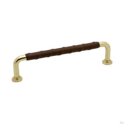 Tirador para mueble alargado 1353 128 Oro Latón Marrón pulido cuero natural