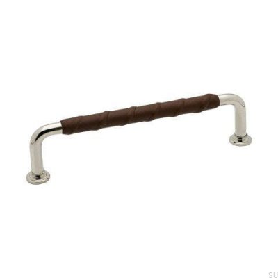 Tirador para mueble alargado 1353 128 Plata Níquel Pulido Cuero marrón natural