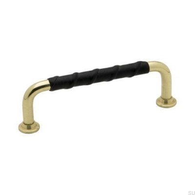 Tirador para mueble alargado 1353 96 Oro Latón Pulido Cuero natural negro