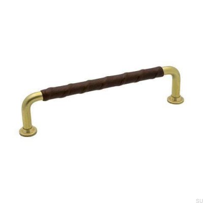 Tirador para mueble alargado 1353 128 Oro Latón Sin pintar Cuero marrón natural