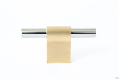 Pomo para mueble T-Bar Line Mix 60 Latón cepillado sin pintar con acero pulido