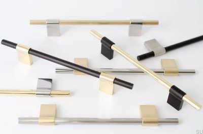 Tirador para mueble rectangular Line Mix 128. Metal negro con acero pulido