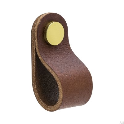 Pomo para mueble Loop Round 65, cuero marrón y dorado